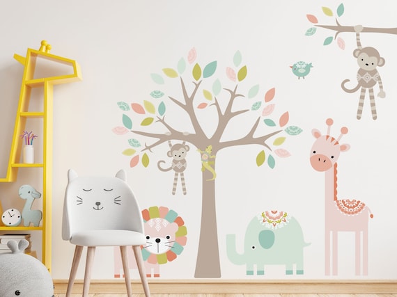 Pastel Nursery Safari Wall Sticker pack, Jungle Nursery wall sticker, Cute Nursery wall sticker, Safari Nursery decal, Jungle wall decal