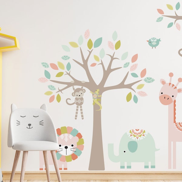 Pastell Kinderzimmer Safari Wandaufkleber, Dschungel Kinderzimmer Wandaufkleber, niedlicher Kinderzimmer Wandaufkleber Safari, Kinderzimmer Aufkleber, Dschungel Wandtattoo