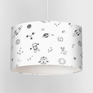 Monochrome Space Lampshade for Nursery or Kids Room – Rocket & Planet Design – Handmade Lamp or Ceiling Shade – 3 Sizes – UK Made