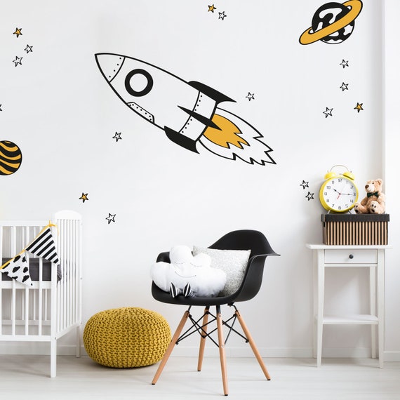 Rocket And Stars Wall Sticker Pack Orange Space - Outer Space Rocket Wall Decal