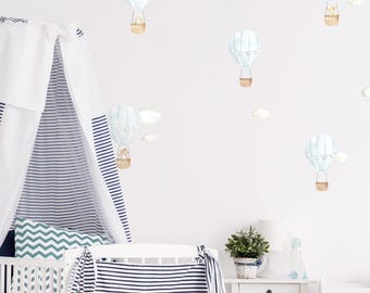 Blue Hot Air Balloon Wall Decals – Nursery Wall Stickers for Baby Boy Room Decor – Set of 20 or 40
