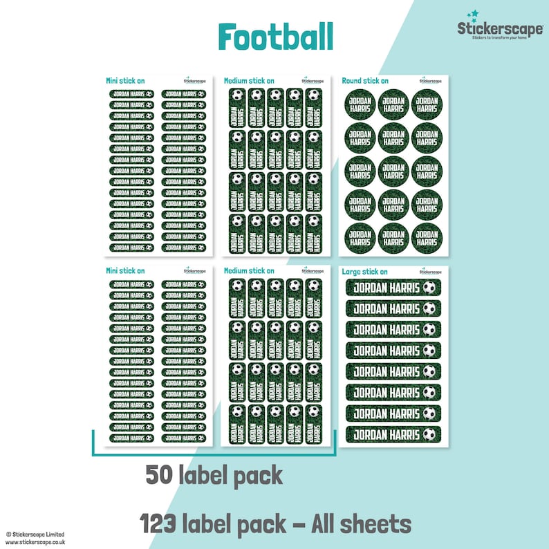 50 or 123 Stick on Name Labels, Football Name Labels, School Name ...