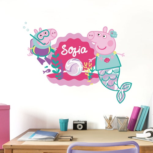 Personalised Peppa Pig pearl wall sticker, Mermaid Peppa Pig wall sticker, Peppa Pig wall decal