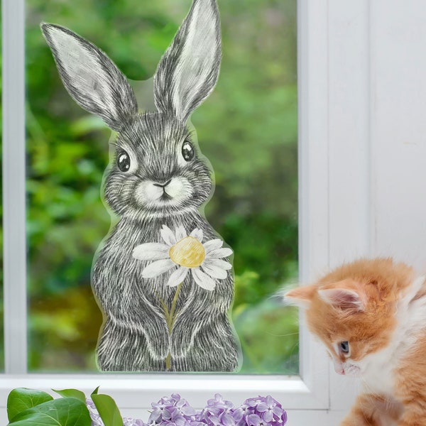 Spring Bunny window sticker, Easter window sticker, Bunny window decal, Rabbit window sticker, Bunny with Daisy