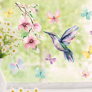Hummingbird and Butterflies Window Stickers – Spring Window Decor, Hummingbird Sticker Pack, Butterfly Window Decals