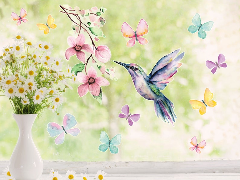 Hummingbird and Butterflies window sticker pack, Hummingbird window stickers, Spring window stickers, Butterfly window stickers image 1