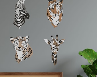 Animal heads wall sticker pack, Jungle wall stickers, Safari wall stickers, Jungle room decor, Leopard wall sticker, Tiger wall sticker