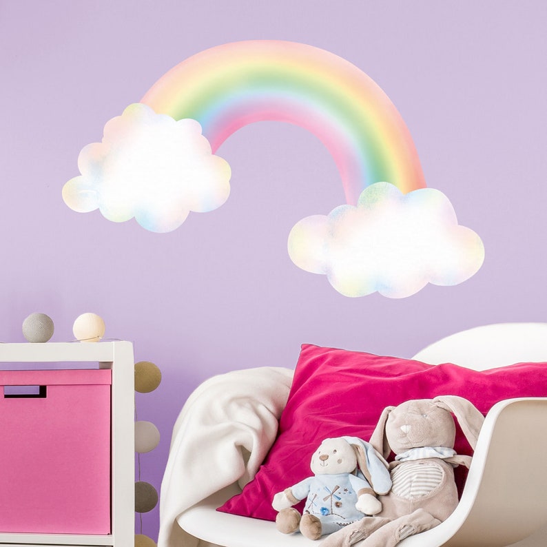 Adesivo murale Arcobaleno pastello con nuvole, Adesivo murale arcobaleno, Decalcomania arcobaleno, Decorazione murale arcobaleno, Camera da letto a tema unicorno Regular