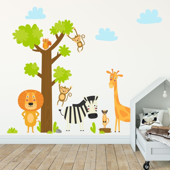 Jungle animals and tree wall sticker pack, jungle wall decal