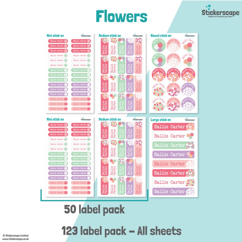 50 or 123 Stick on Name Labels, Flower Name Labels, School Name ...