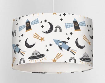 Scandi Space Lampshade for Nursery or Kids Room – Handmade Ceiling or Lamp Shade – Stars and Moon Design – 3 Sizes – UK Made
