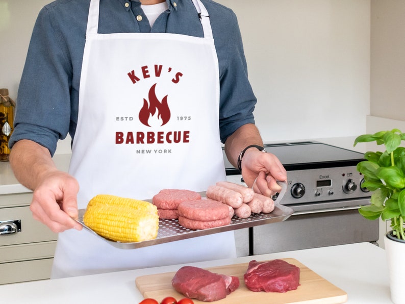 Personalised Barbeque Apron, BBQ Dad apron, BBQ Gift for Men, Father's day gift, Fathers day gifts, Personalised BBQ apron White