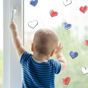 Red, White and Blue Hearts window stickers, Coronation window decorations, Coronation window display, Coronation shop window