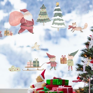 Aquarell Weihnachtsmann Szene Fensteraufkleber, Fensteraufkleber Weihnachten, Fensteraufkleber Weihnachtsszene, Fensteraufkleber Weihnachtsszene