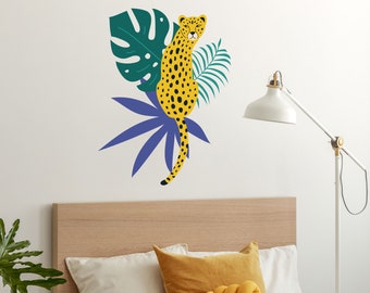 Bright Cheetah and leaves wall sticker pack, Jungle wall stickers, Safari wall stickers, Jungle room decor, Cheetah wall sticker