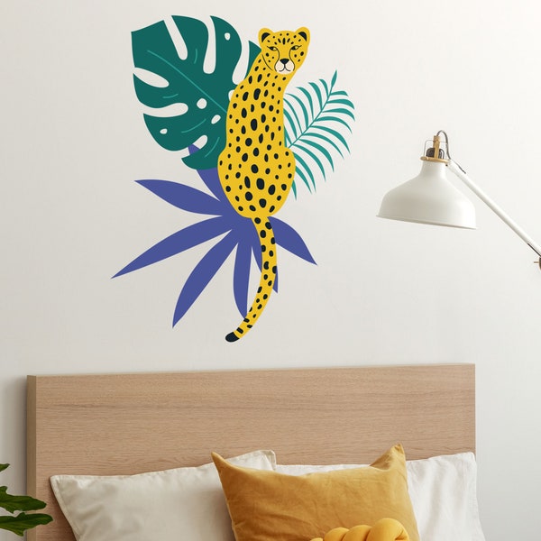 Bright Cheetah and leaves wall sticker pack, Jungle wall stickers, Safari wall stickers, Jungle room decor, Cheetah wall sticker