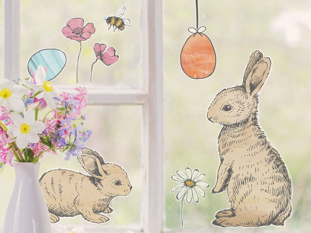 Spring Bunnies and Eggs Window Stickers, Cute Bunny Window Sticker ...