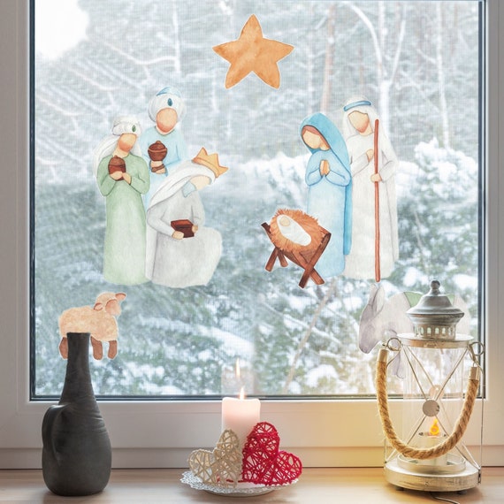 Christmas Decoration Clings Nativity 3 Wise Men Baby Jesus Animals Reusable NEW 