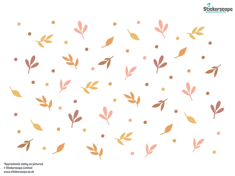 May include: A digital paper with a pattern of brown, pink, and yellow leaves and small brown dots on a white background.