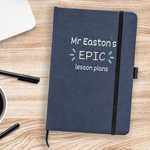 May include: A dark blue notebook with a black elastic closure. The front cover has white text that reads "Mr. Easton's EPIC lesson plans".