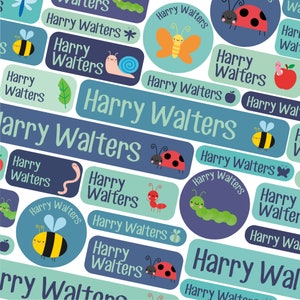 50 or 123 Stick On Name Labels, Blue Insect Name Labels, School Name Stickers, School Name Tags, Children’s Name Labels for Clothes