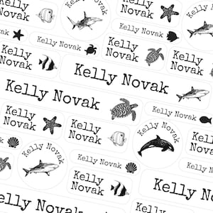 50 lub 123 naklejek z imionami, etykiety z imionami stworzeń morskich, naklejki z nazwami szkół, szkolne etykiety z imionami, etykiety z imionami dla dzieci na ubrania