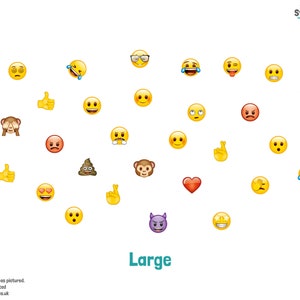 May include: A collection of large yellow emoji stickers with various facial expressions, including winking, smiling, crying, and surprised. There are also stickers of a heart, a monkey, a poop emoji, and a devil.