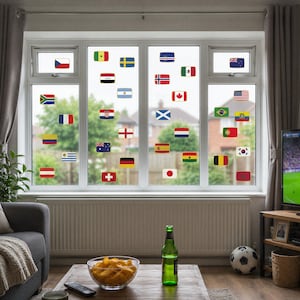 Naklejki na okna z flagami turniejów piłkarskich, naklejki na okna z motywem światowego futbolu, wielokrotnego użytku flagi piłkarskie na okna, dekoracje do pubów i sklepów