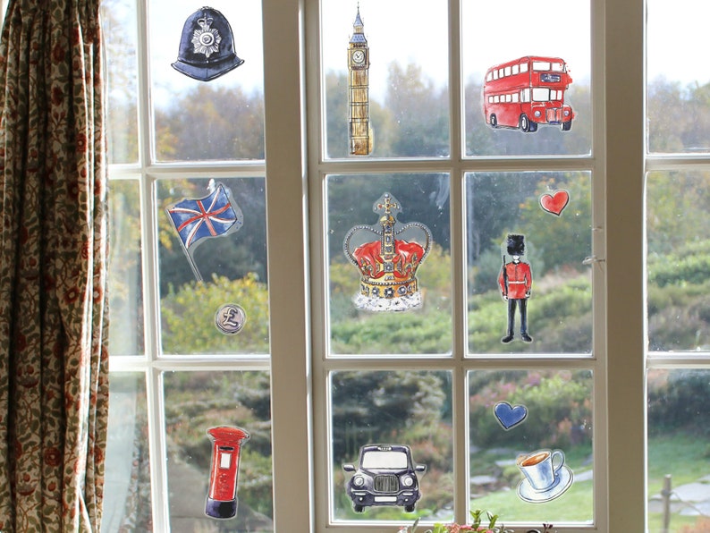 Watercolour London window sticker, Jubilee window decorations, Jubilee window decor, Jubilee window display, Jubilee shop window 