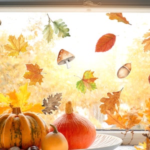 May include: A window decorated with autumn-themed stickers. The stickers include leaves, acorns, mushrooms, and pine cones. There are also two pumpkins in the foreground.