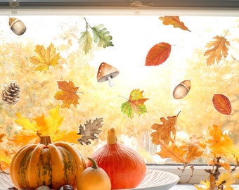 Autumn Leaves and Mushrooms window stickers, Autumnal leaves window sticker, Autumn decoration, Fall decoration, Autumn window stickers