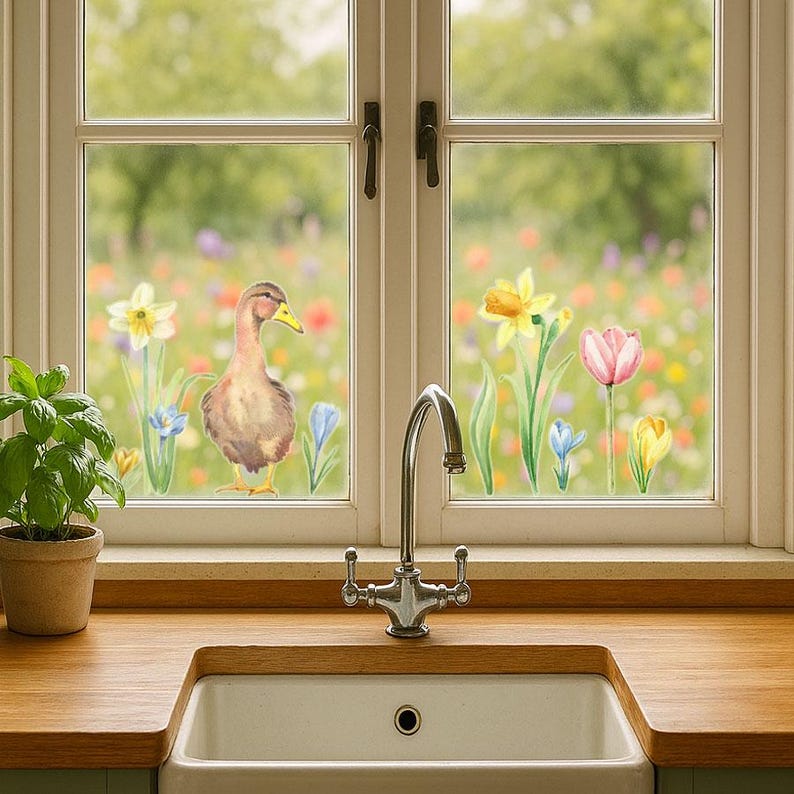Spring Window Stick Spring Window Stickers – Daffodils and Duck Easter Window Stickers ...