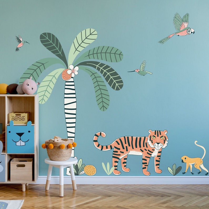 Jungle tree and animals wall sticker pack, Jungle wall stickers, Safari wall stickers, Jungle room decor, Jungle safari room image 1