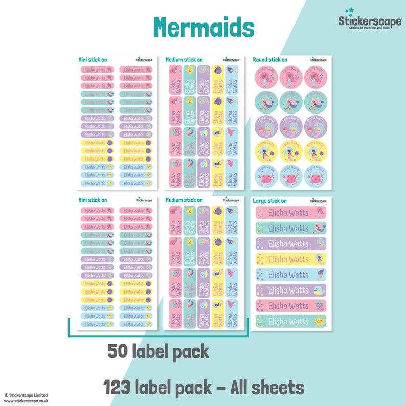 50 or 123 Stick on Name Labels, Mermaid Name Labels, School Name ...
