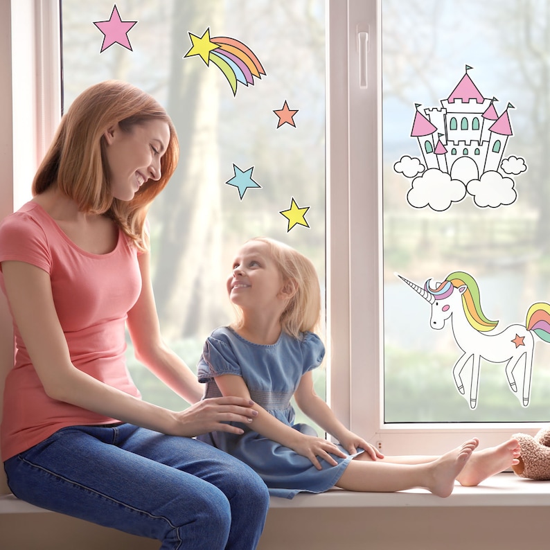 Unicorn and castle window sticker, rainbow window decal, rainbow room decor, unicorn room decor, unicorn window decal