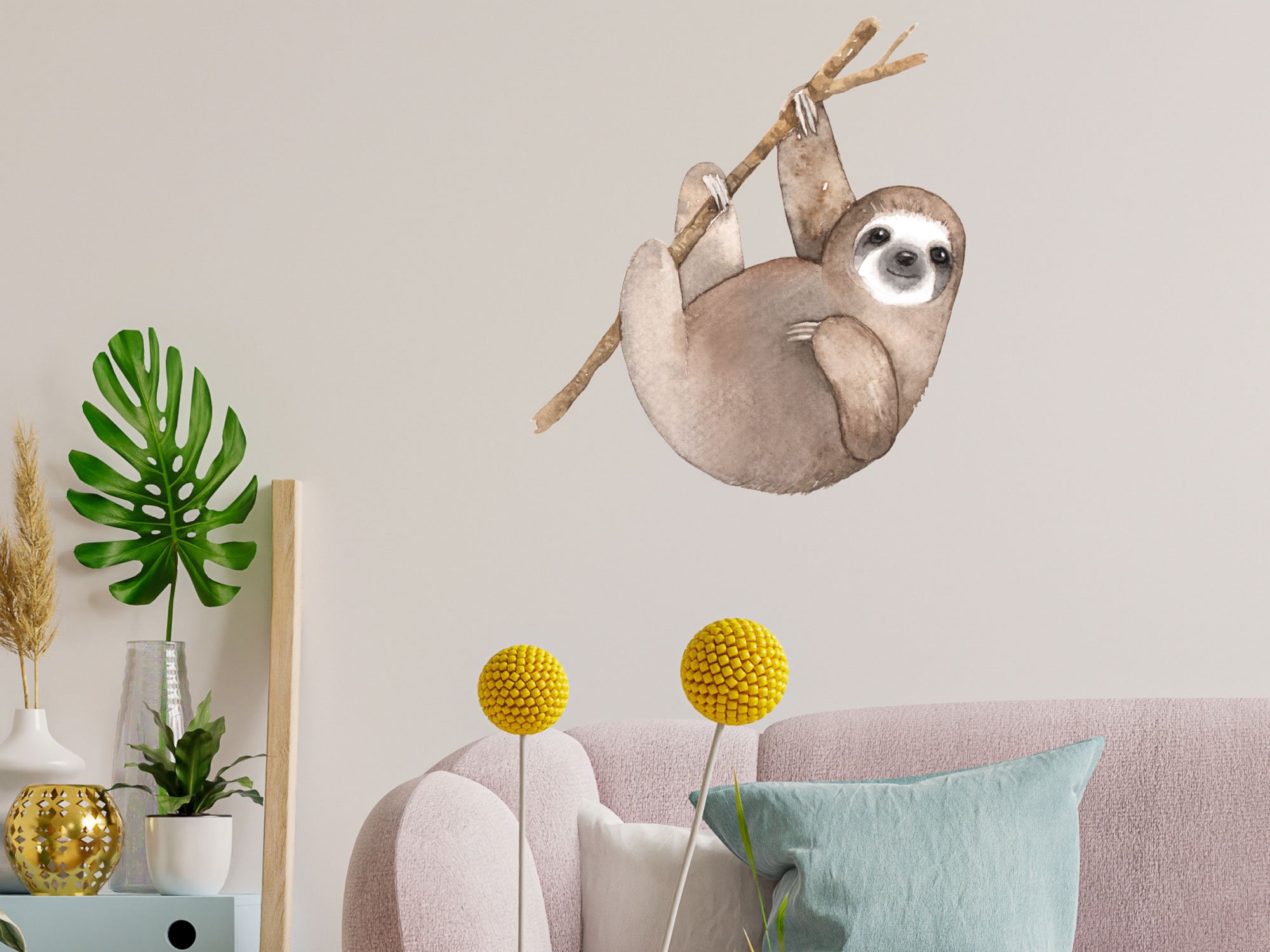 Sloth Wall Stickers With Tropical Plants - Removable Peel & Stick Wall Decals For Kids Rooms