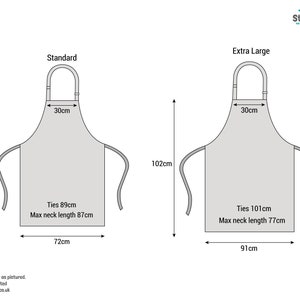 May include: Diagram showing the dimensions of two aprons, one standard and one extra large. The standard apron is 72 cm wide, 86 cm long, and has ties that are 89 cm long. The extra large apron is 91 cm wide, 102 cm long, and has ties that are 101 cm long.