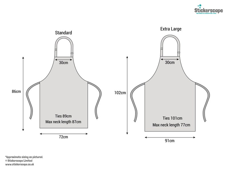 May include: Diagram showing the dimensions of two aprons, one standard and one extra large. The standard apron is 72 cm wide, 86 cm long, and has ties that are 89 cm long. The extra large apron is 91 cm wide, 102 cm long, and has ties that are 101 cm long.