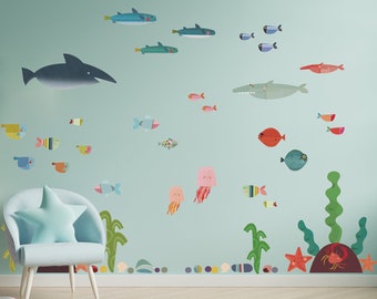 Onderwater muurstickers, onderwater muurstickers, visstickers voor muren, neutrale kinderkamer wanddecoratie, zeedieren muurstickers