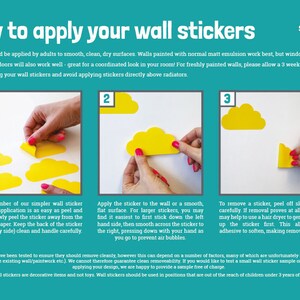 May include: A guide on how to apply wall stickers. The guide shows three steps: peeling the sticker from the backing paper, applying the sticker to the wall, and removing the sticker. The guide also includes a note about allowing freshly painted walls to dry for three weeks before applying stickers.