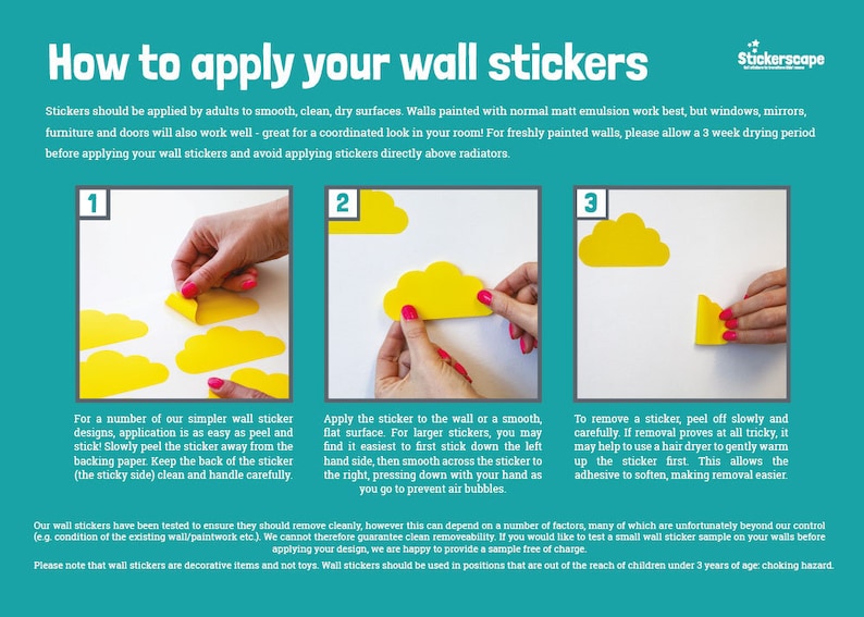 May include: A guide on how to apply wall stickers. The guide shows three steps: peeling the sticker from the backing paper, applying the sticker to the wall, and removing the sticker. The guide also includes a note about allowing freshly painted walls to dry for three weeks before applying stickers.