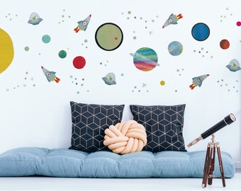 Space Adventure Wall Sticker pack, Space Wall Decals, Planet Stickers for Walls, Space Themed Room, Planet Wall Sticker, Rocket Wall Sticker