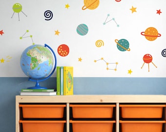 Pegatinas de pared del espacio cósmico, vinilos decorativos para habitaciones infantiles, decoración de guardería con planetas, estrellas y cohetes, pegatinas espaciales removibles (Reino Unido)