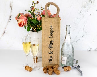 Personalised Surname Bottle Bag, Wedding gift, Anniversary gift, Champagne bottle bag, Celebration bottle bag, Bottle gift bag