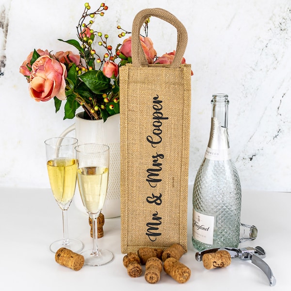 Sac de bouteille de nom de famille personnalisé, Cadeau de mariage, Cadeau d’anniversaire, Sac de bouteille de champagne, Sac de bouteille de célébration, Sac cadeau de bouteille