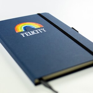Personalised notebook, A5 teacher notebook, line pages, rainbow notebook design, blue notebook