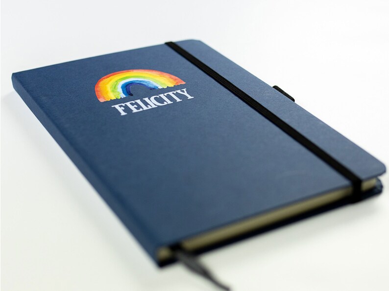 Personalised notebook, A5 teacher notebook, line pages, rainbow notebook design, blue notebook