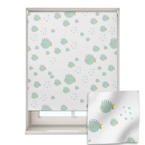May include: White window blind with a pattern of blue fish and yellow dots. A close-up of the fabric shows the same pattern.