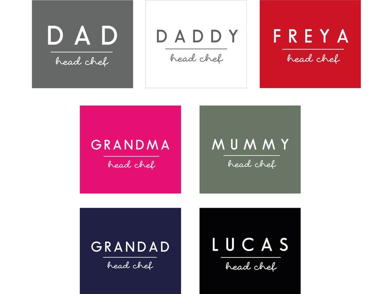 May include: A set of eight colourful square signs with white text. Each sign features a different name, such as "DAD", "DADDY", "FREYA", "GRANDMA", "MUMMY", "GRANDAD", "LUCAS", and the text "head chef" underneath.