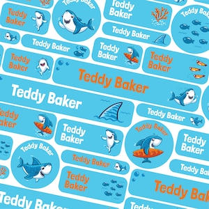 50 or 123 Stick On Name Labels, Shark Name Labels, School Name Stickers, School Name Tags, Children’s Name Labels for Clothes